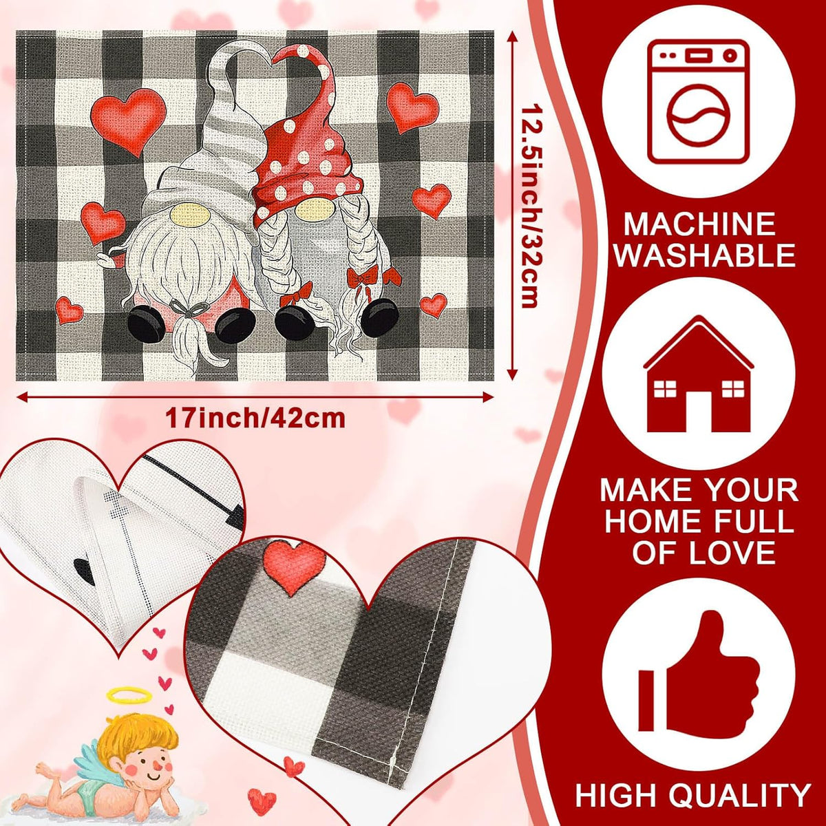 Valentines Day Placemats Set Of 4, 17x12.5 Inches With Gnomes And Hearts Pattern For Holiday Parties And Family Gatherings Clearance Sale