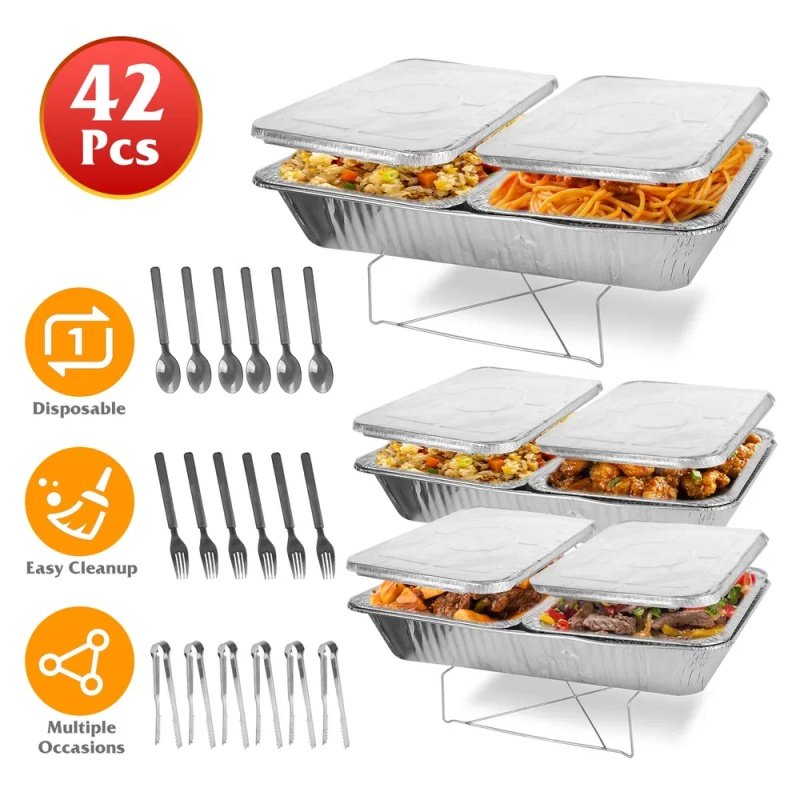 Set Of 42Pcs Disposable Chafing Dish Buffet Set Chafing Servers With Covers Spoons Forks Tongs Full-Size Pans Food Warmers For Parties Events Cat