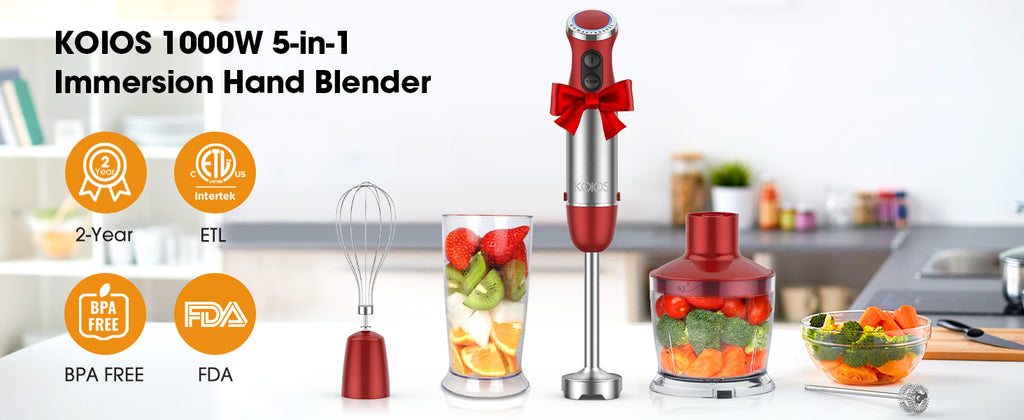 KOIOS 5-in-1 Hand Immersion Blender, 1000W 12 Speed Handheld Blender, Copper Motor Stainless Steel Blade Stick Blender,600ml Mixing Beaker,500ml