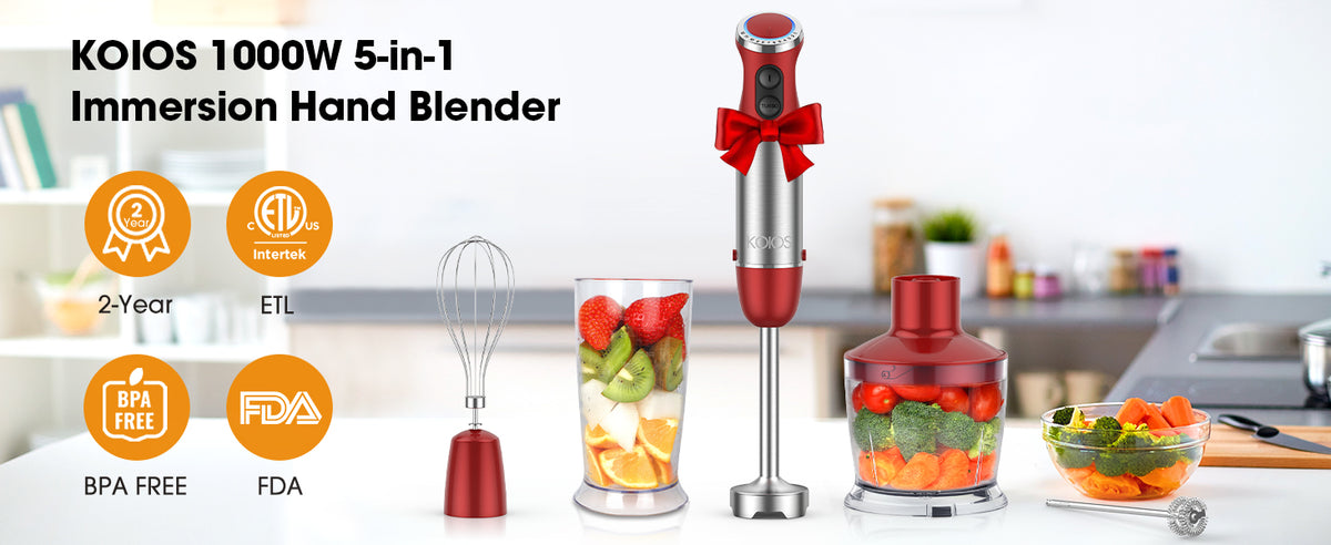 KOIOS 5-in-1 Hand Immersion Blender, 1000W 12 Speed Handheld Blender, Copper Motor Stainless Steel Blade Stick Blender,600ml Mixing Beaker,500ml