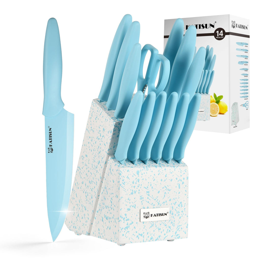 Kitchen Knife Set With Block, 14 Piece BLUE Non-Stick Paint Coating Stainless Steel Knives Set, Anti-Rust And Dishwasher Safe, 12 Knives With Kit