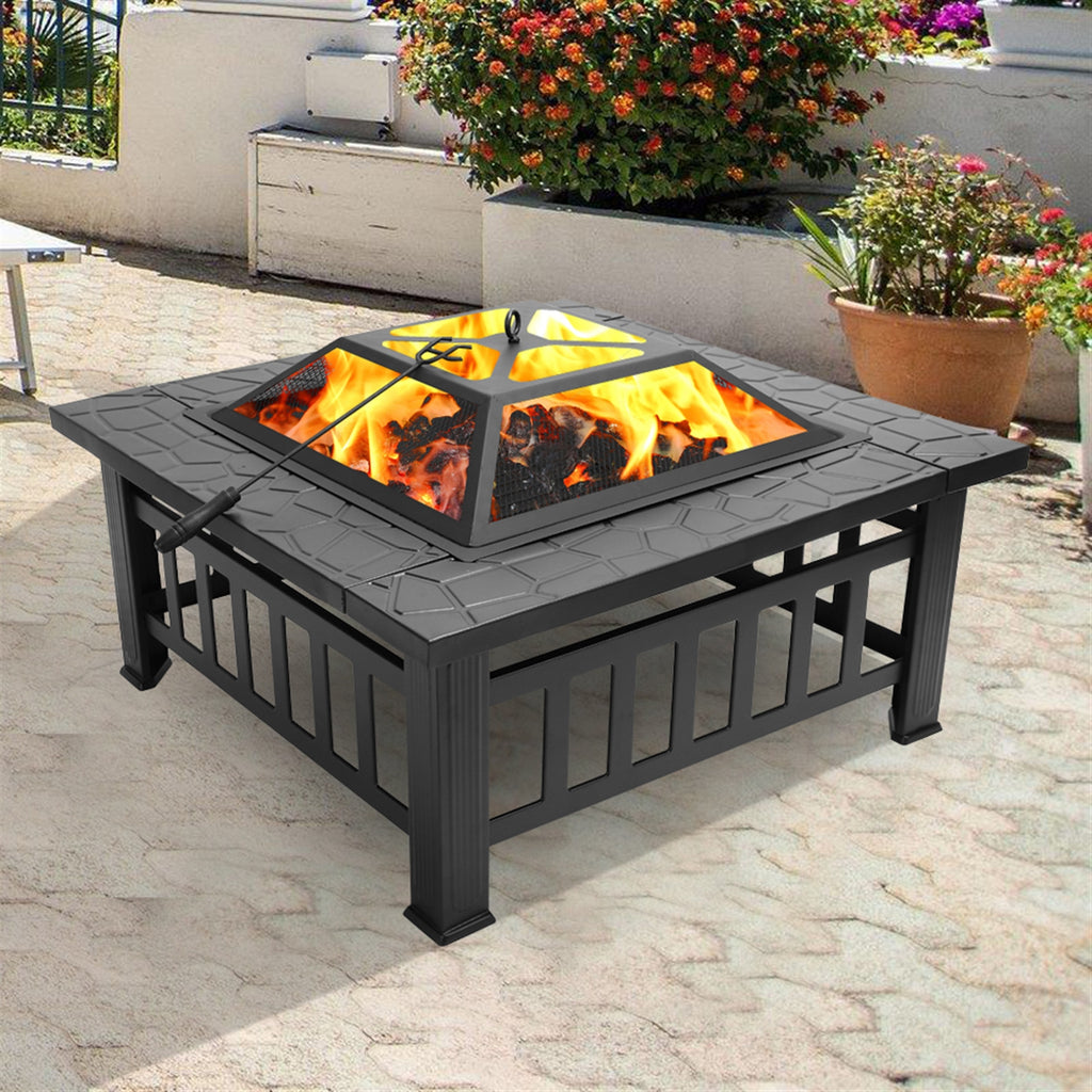 32 Inch Multifunctional Fire Pit Table  Square Metal Firepit Stove Backyard Patio Garden Fireplace For Camping, Outdoor Heating, Bonfire And Picn