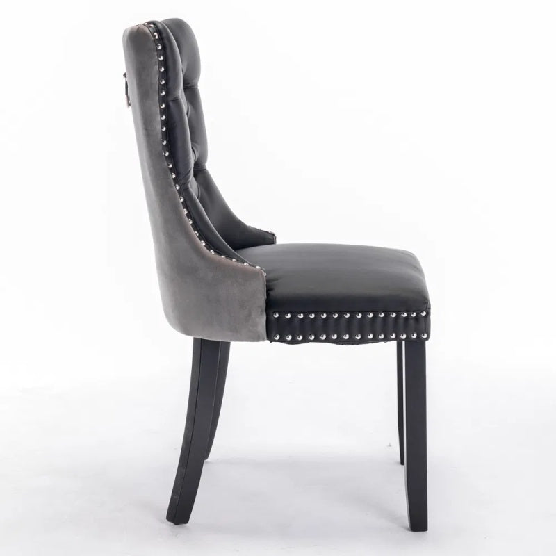 Furniture,Modern, High-end Tufted Solid Wood Contemporary PU And Velvet Upholstered Dining Chair With Wood Legs Nailhead Trim 2-Pcs Set, Black&Gr