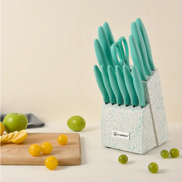 14-Piece Rainbow Colored High Carbon Stainless Steel Kitchen Knife Set, Titanium Coated Blade, Rust-Free & Super Sharp, Flatware Set With Wooden