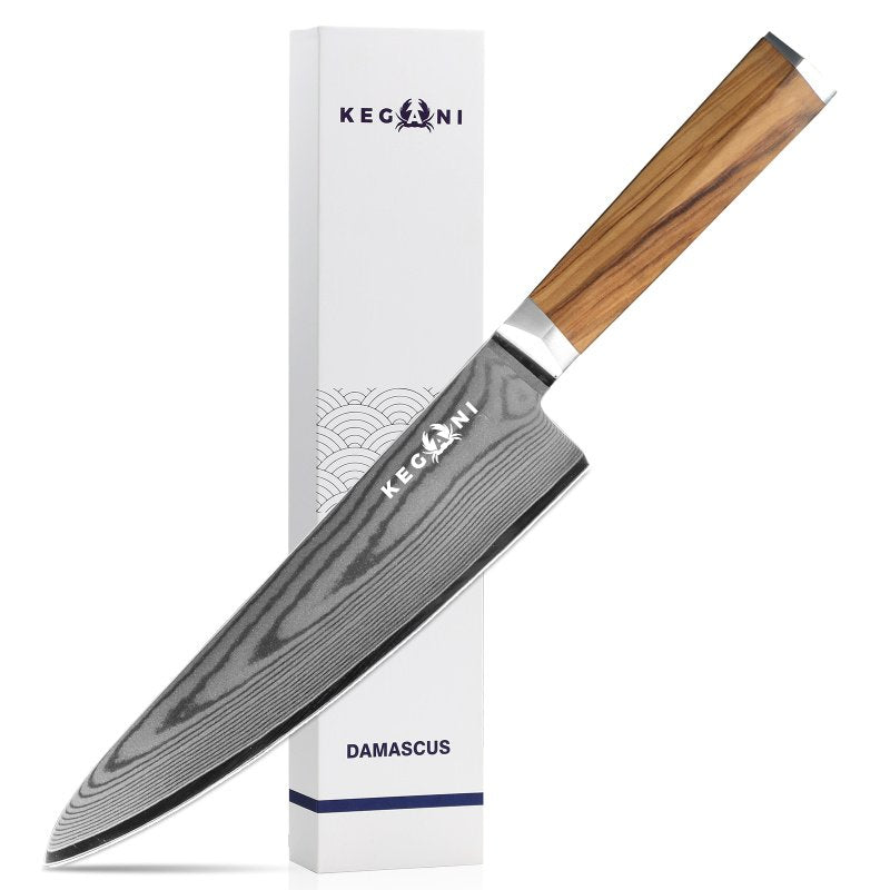 Kegani 8 Inch Kiritsuke Knife, Japanese Chef Knife 67 Layers VG-10 Damascus Kiritsuke, Italian Olive Wood FullTang Handle Natural Texture Japanes