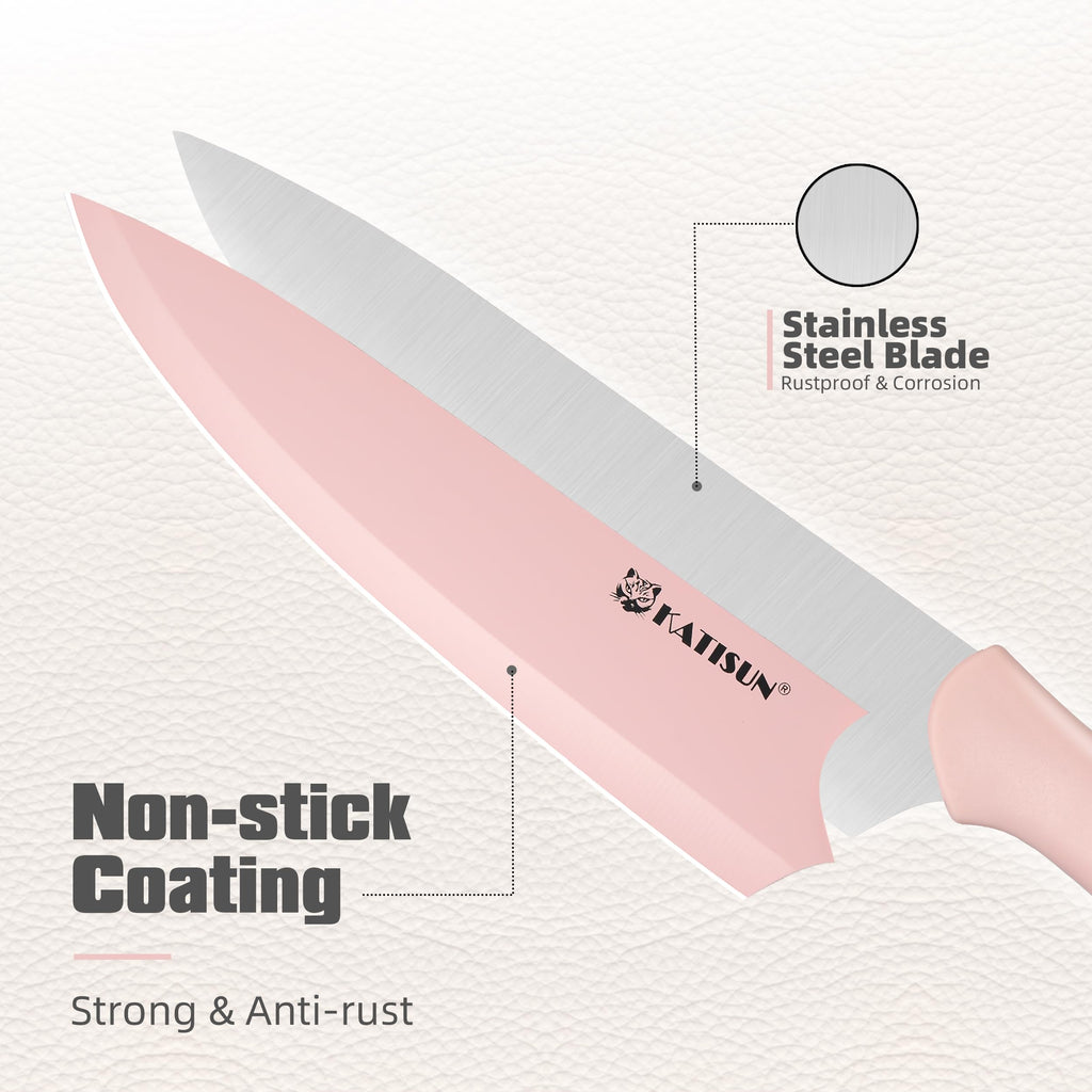 Kitchen Knife Set With Block, 14 Piece Pink Non-Stick Paint Coating Stainless Steel Knives Set, Anti-Rust And Dishwasher Safe, 12 Knives With Kit