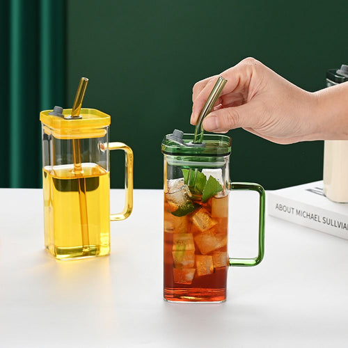 1 Pcs Transparent Glass Straw Cup, 6 Colors Square Glass Cup With Straw And Lid, High Borosilicate Glass Cup, Milk Cup, Juice Cup, Cold Drink Cup
