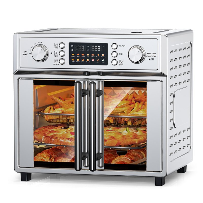 29.5QT French Door Air Fryer Toaster Oven Combo, 14 Presets, Digital Control, Stainless Steel, For Baking, Roasting, Includes Accessories,Silver,