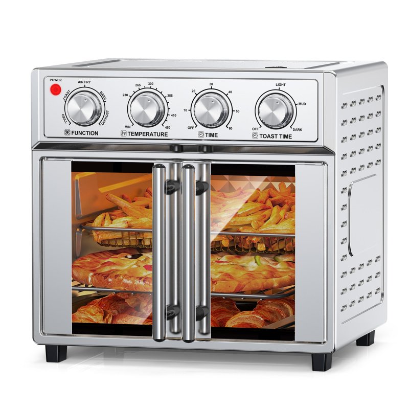 29.5 QT Air Fryer Convection Toaster Oven, French Door, 6 Slices, 1700W, Multifunction Oven, Air Fryer, Toast, Grill, Defrost, Bake, Time And Tem