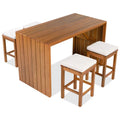 5 Piece Outdoor Bar Set, Patio Acacia Wood Bar Height Table & Four Stools With Cushions, Wood Dining Bar Set For Backyard, Poolside, Balcony, Bei