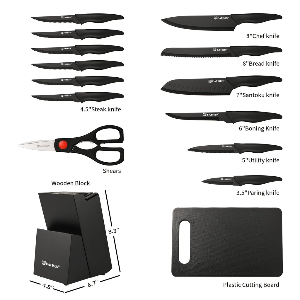 16 Pieces Kitchen Knife Block Set With Cutting Board, German Stainless Steel Knife Set With Sharpener, Dishwasher Safe, Anti-Slip Handle, 6 Steak