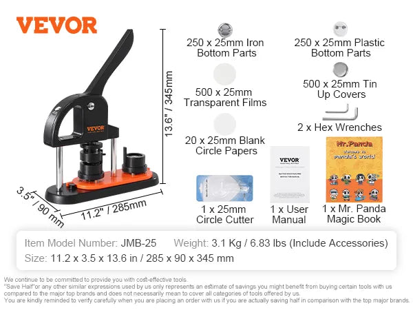 Button Maker Machine, 0.98 Inch 25mm Pin Maker With 500pcs Button Parts, Button Maker With Panda Magic Book, Ergonomic Arc Handle Punch Press Kit