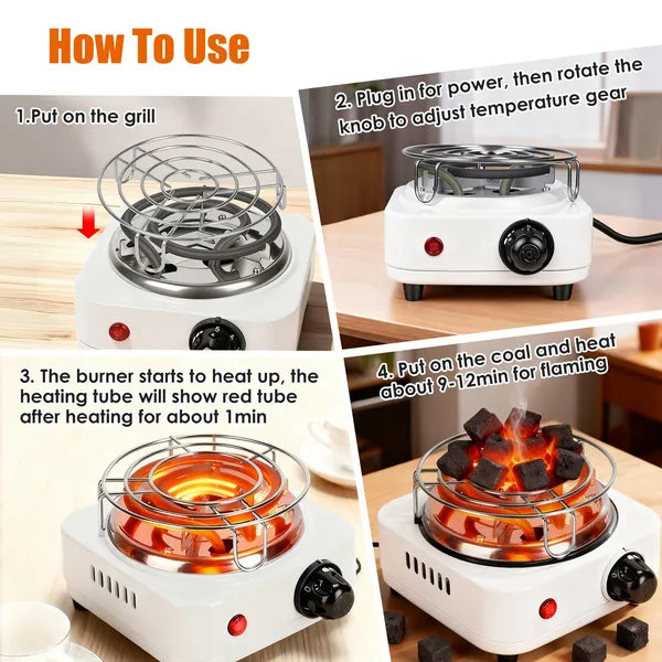 Electric Charcoal Burner 500W Hookah Charcoal Burner Compact Coal Burner For Hooka Cubes Shisha With Grill And Tongs 5 Temperature Gears Thermost
