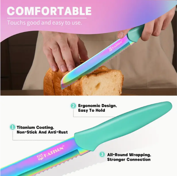 14-Piece Rainbow Colored High Carbon Stainless Steel Kitchen Knife Set, Titanium Coated Blade, Rust-Free & Super Sharp, Flatware Set With Wooden
