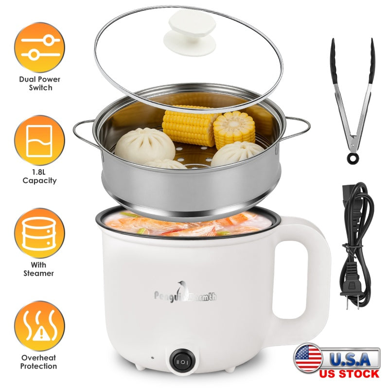 1Pc Electric Hot Pot With Steamer 1.8L Mini Portable Hot Pot With 300W 600W Dual Power For Egg Fried Rice Ramen Oatmeal Soup Overheat Protection