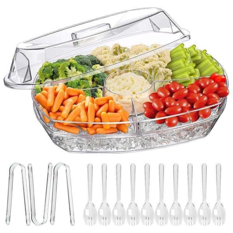 Fruit Ice Serving Tray Chilled Veggie Tray Shrimp Cocktail Serving Dish Appetizer Party Serving Platter Cold Food Buffet Server With Lid And 4 Co