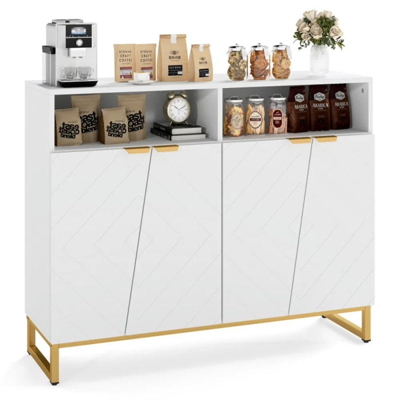 White Modern Sideboard With Irregular Doors & Golden Handles, 2 Open Shelves & Double 2-Door Cabinets