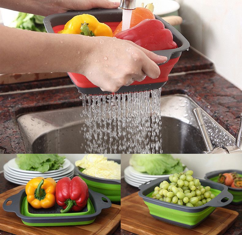 1pc Silicone Folding Drain Basket Fruit Vegetable Washing Basket Foldable Strainer Colander Collapsible Drainer Kitchen Storage Tool