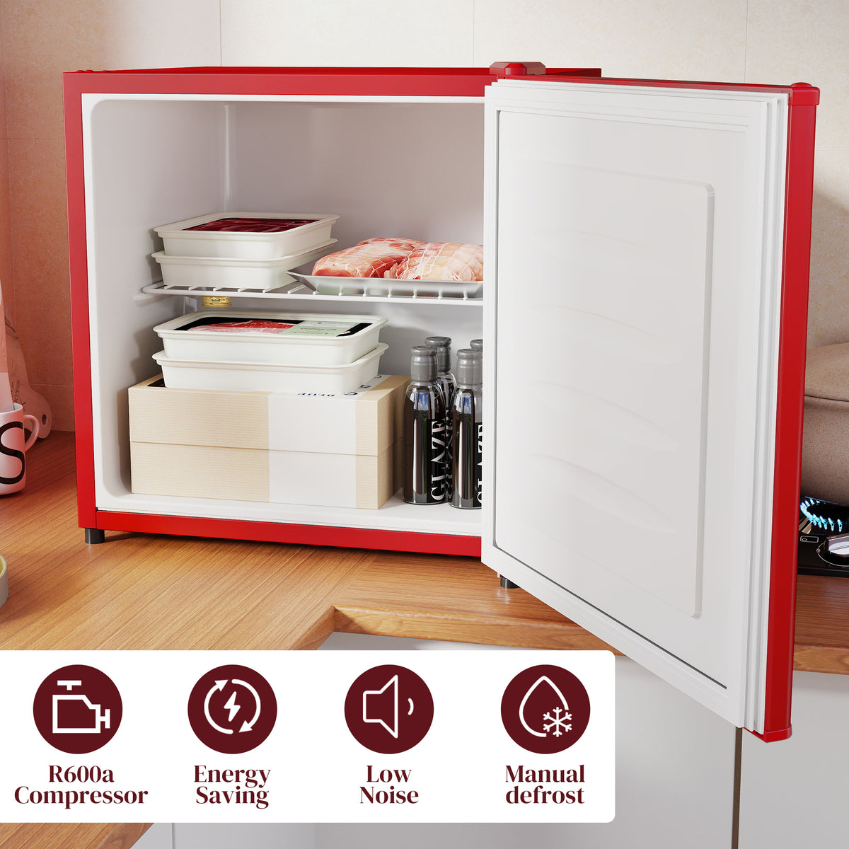 1.1 Cu.Ft Countertop Mini Freezer, Compact Upright Freezer with Removable Shelves, Red
