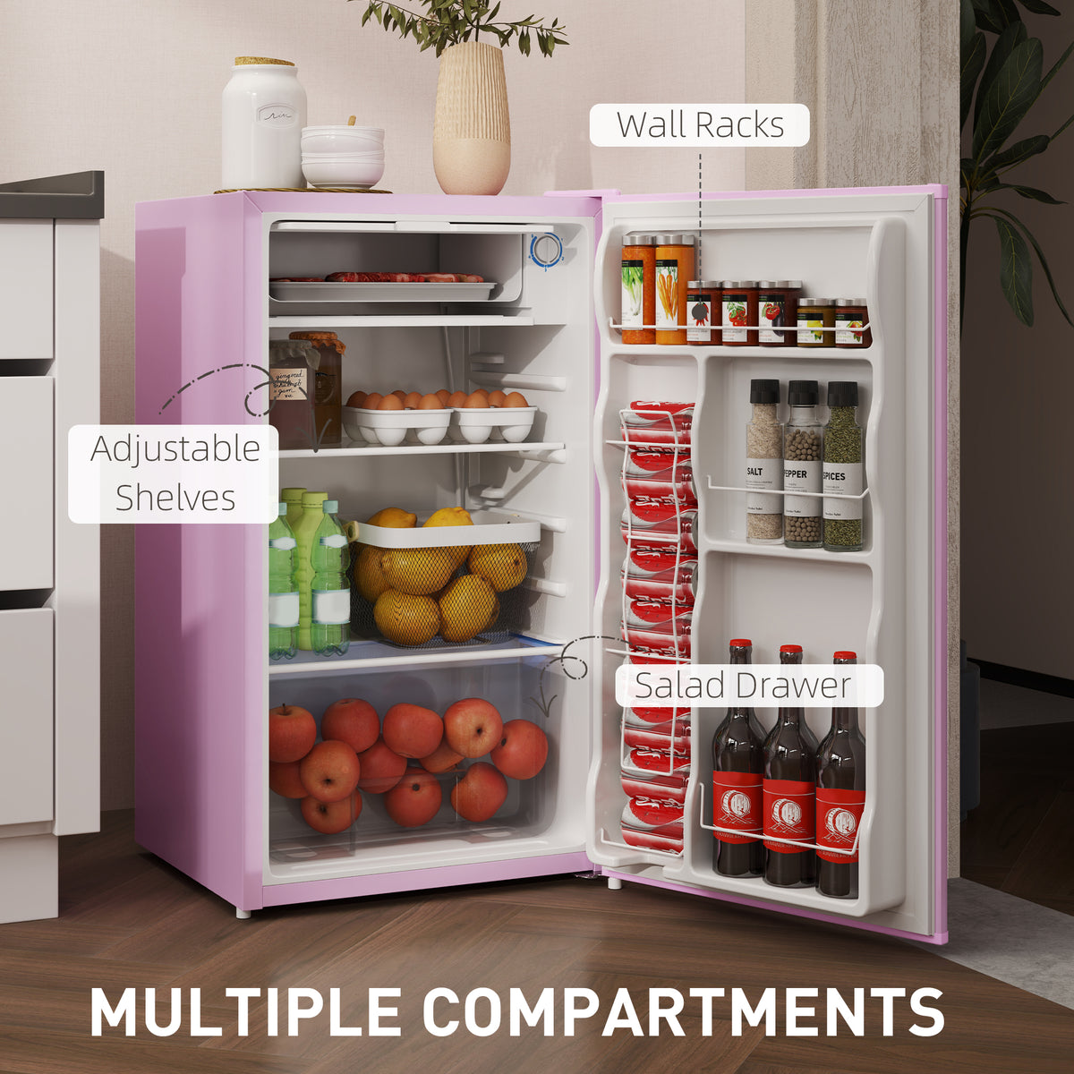 3.2 Cu.Ft Mini Fridge with Freezer, Single Door Compact Refrigerator with Adjustable Thermostat, Reversible Door, Pink