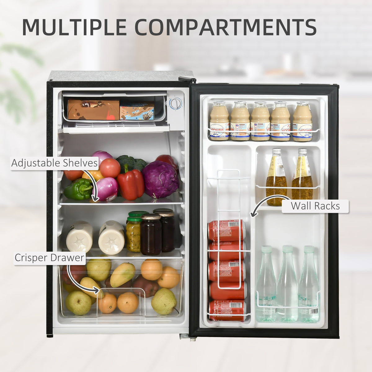 3.2 Cu.Ft Mini Fridge with Freezer, Single Door Compact Refrigerator with Adjustable Thermostat, Shelf and Reversible Door for Bedroom, Dorm, Ho