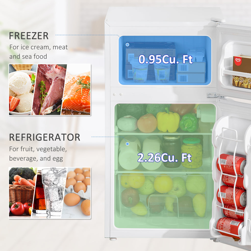 3.2 Cu.Ft Mini Fridge with Freezer, Double Door Compact Refrigerator with Adjustable Thermostat, Shelf and Reversible Door for Bedroom, Dorm, Ho