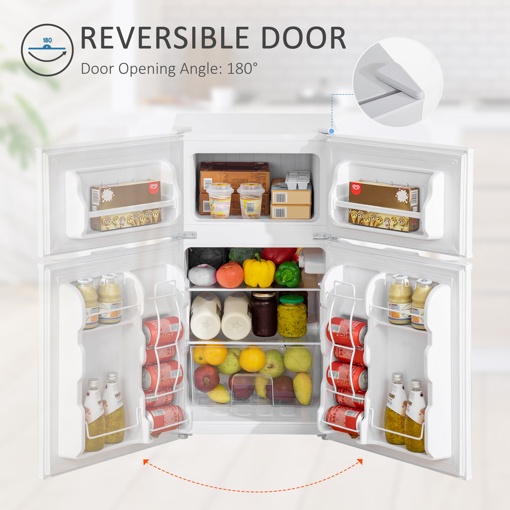 3.2 Cu.Ft Mini Fridge with Freezer, Double Door Compact Refrigerator with Adjustable Thermostat, Shelf and Reversible Door for Bedroom, Dorm, Ho