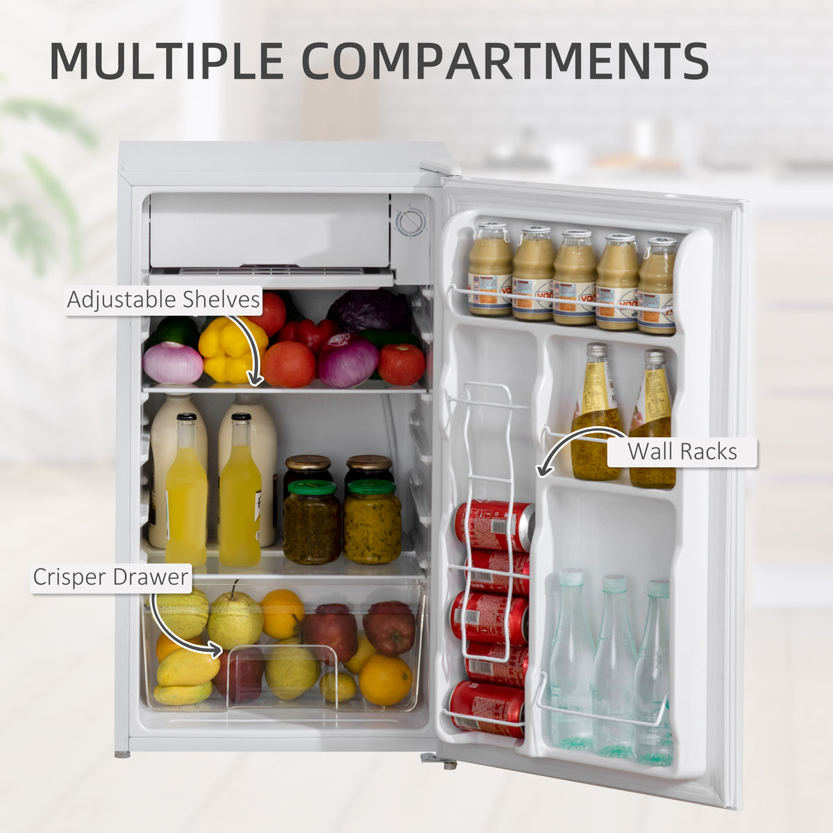 Mini Fridge with Freezer, 3.2Cu.Ft Compact Refrigerator with Adjustable Shelf, Mechanical Thermostat and Reversible Door for Bedroom, Dorm, Whit