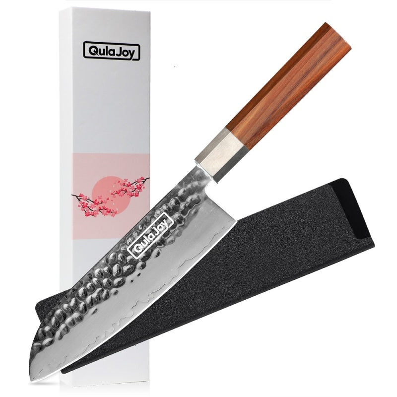 Qulajoy Nakiri Knife 7 Inch - Hammered Japanese Vegetable Knife 9cr18mov Mirror Polishing Hand Forged Blade Kitchen Knife - Olivewood Handle With
