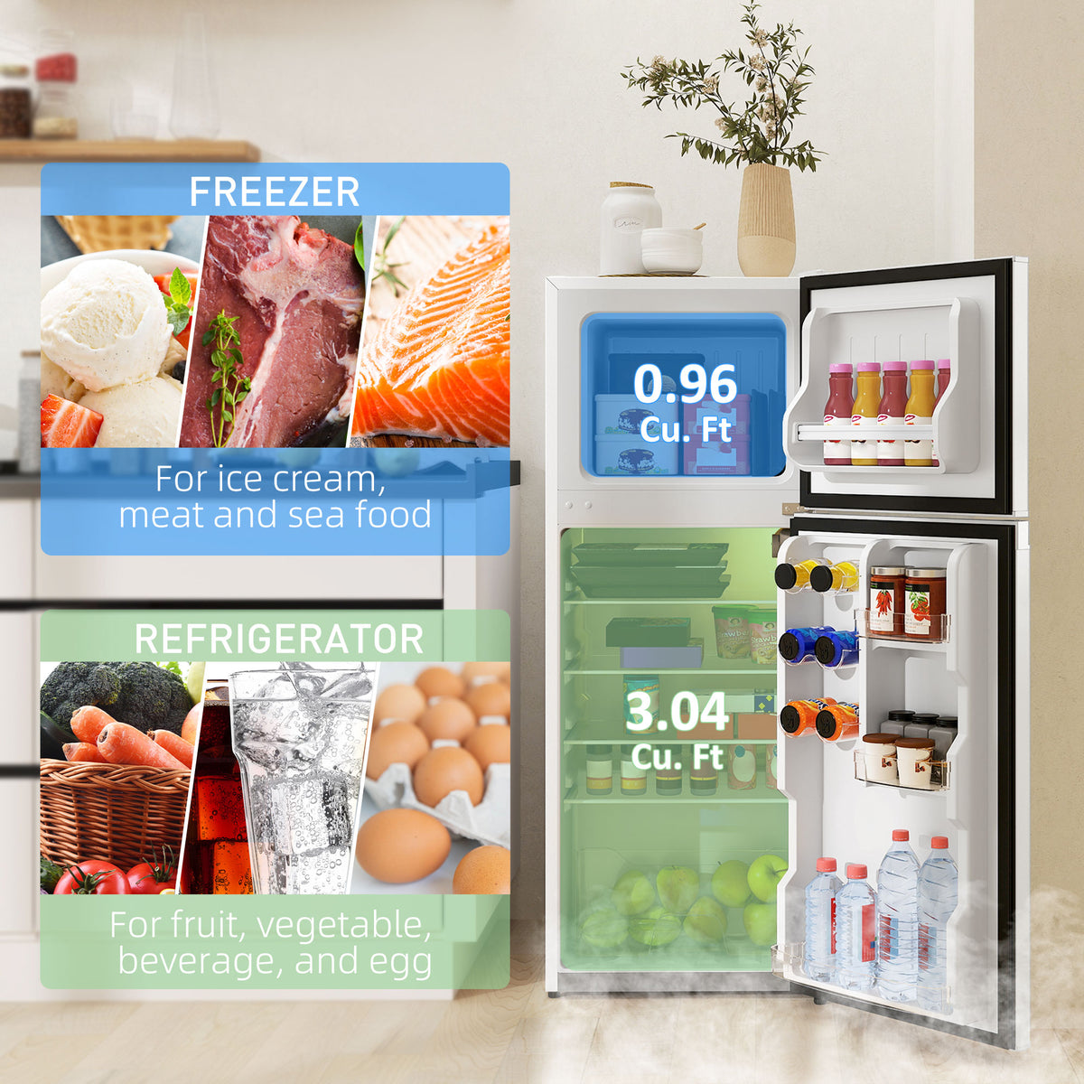Small Fridge with Freezer, 4 Cu Ft Refrigerator with Reversible Doors, White