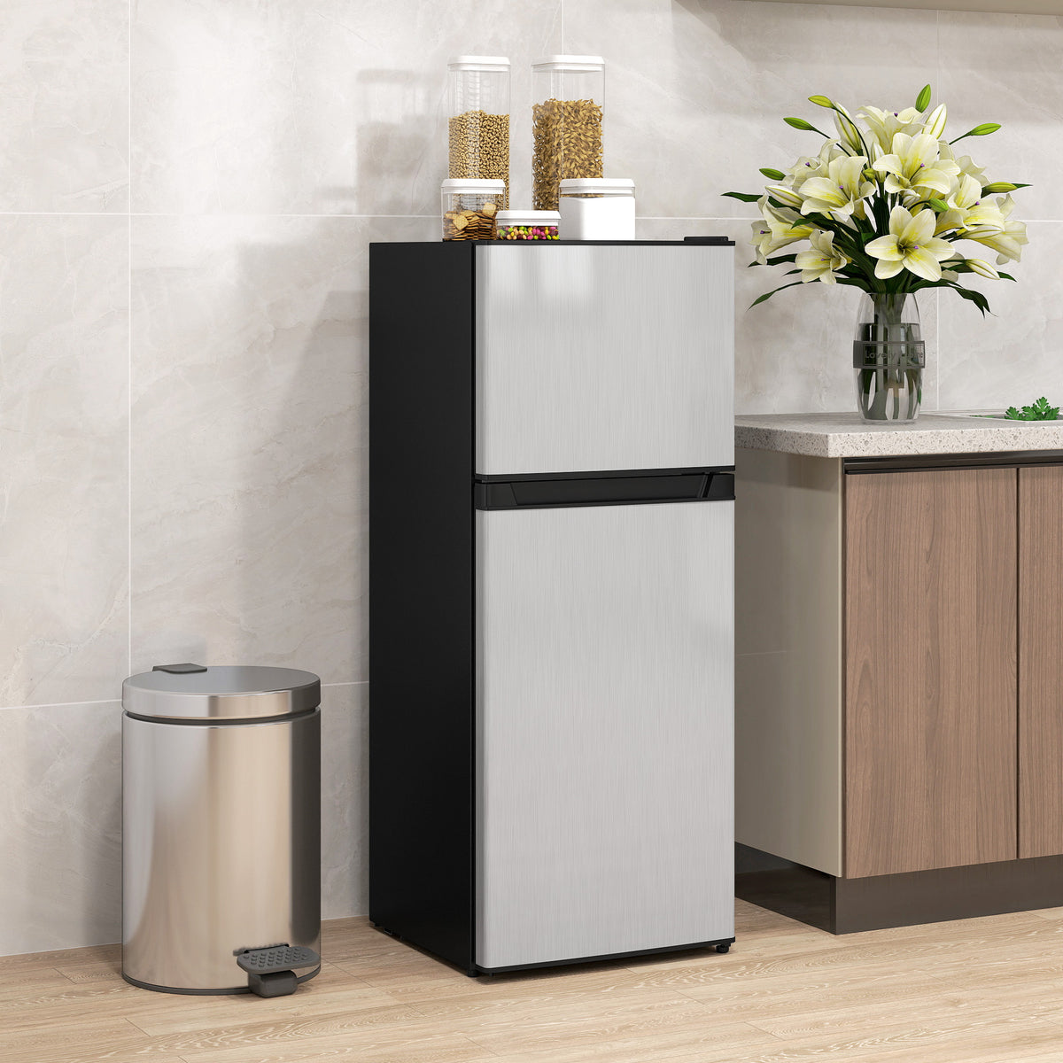 Small Fridge with Freezer, 4 Cu Ft Refrigerator with Reversible Doors, Silver