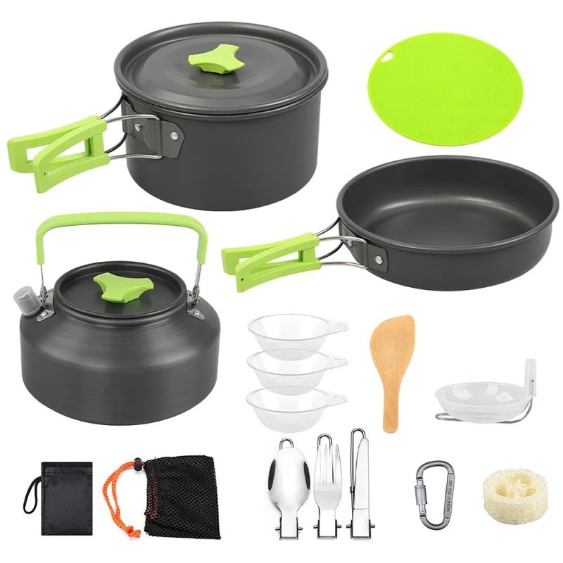 16Pcs Camping Cooking Ware Set Camping Stove Cookware Kit Aluminum Pot Pan Kettle Set With Bowls Knife Fork Spoon Carabiner Spatula Cutting Board