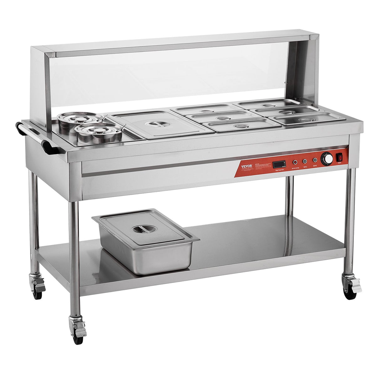 7 Pans + 2 Pots Commercial Food Warmer Steam Table With Undershelf Shield