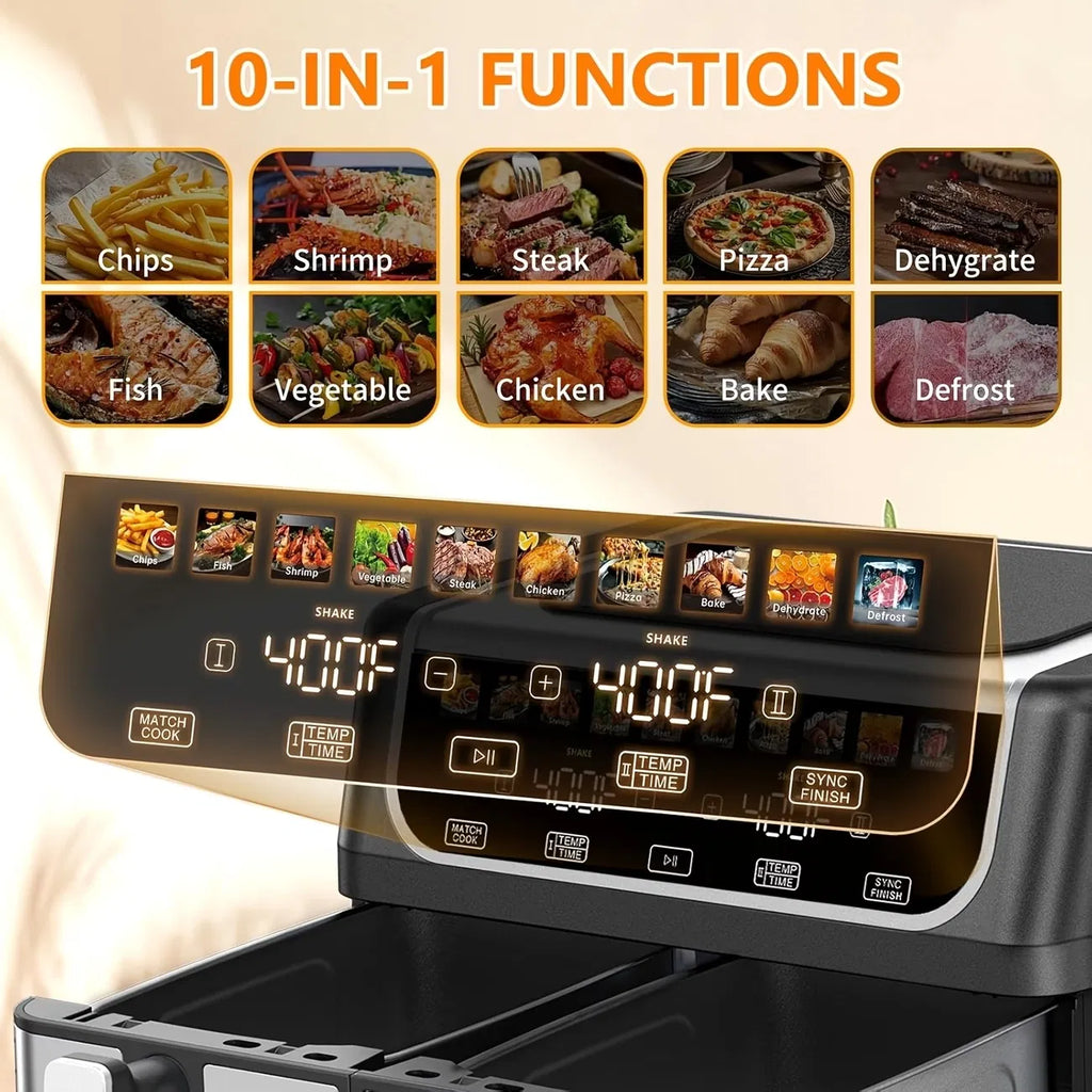 9.5 Quart Large Dual Basket Air Fryer With Double Basket, Independent Temp Control & Sync Mode, 10 Presets - Bake&Broil&Defrost&Dehydrate, Shake
