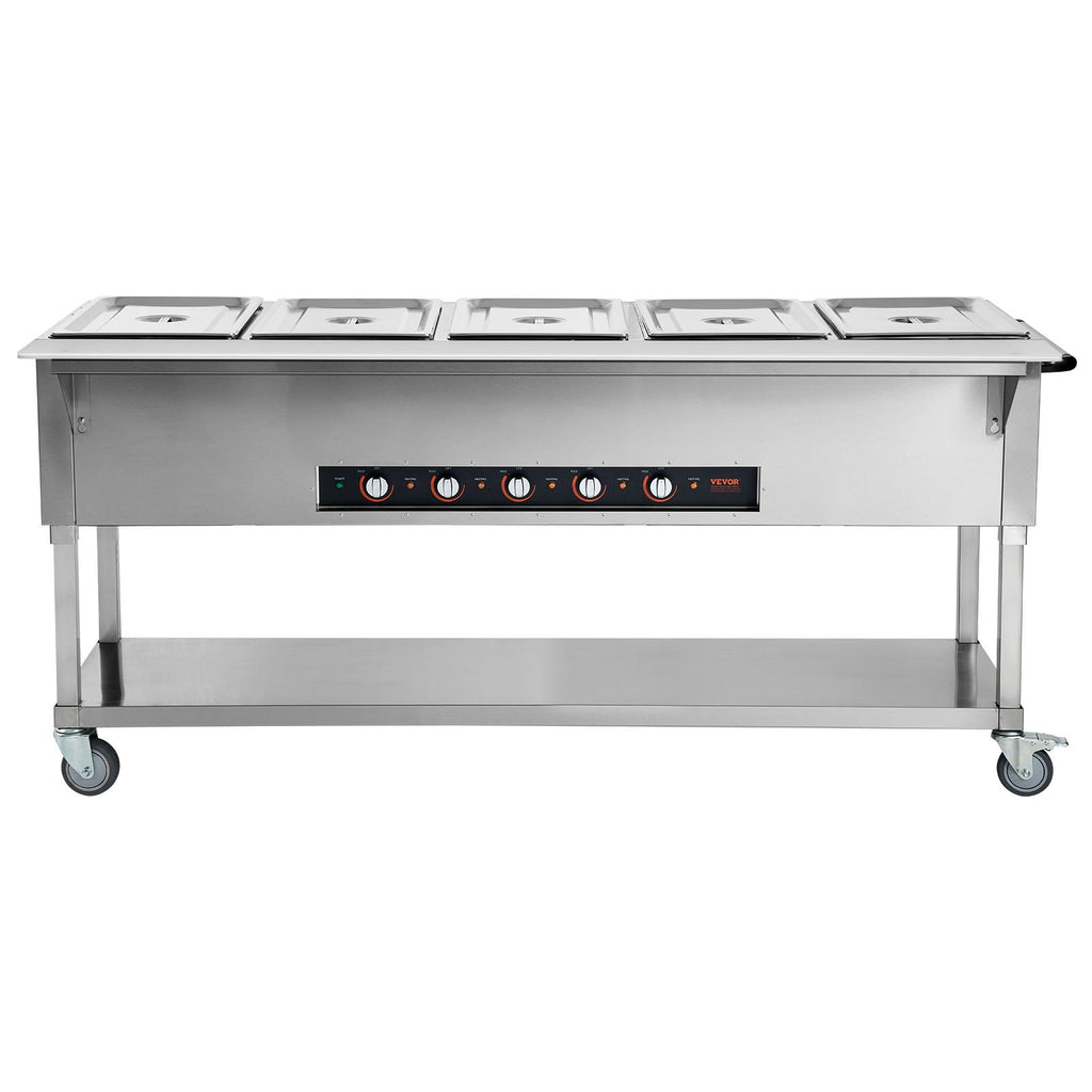 5-Pan Commercial Food Warmer, 5 X 20.6QT Electric Steam Table, 3750W Professional Buffet Catering Food Warmer With 4 Wheels (2 Lockable), Food Gr