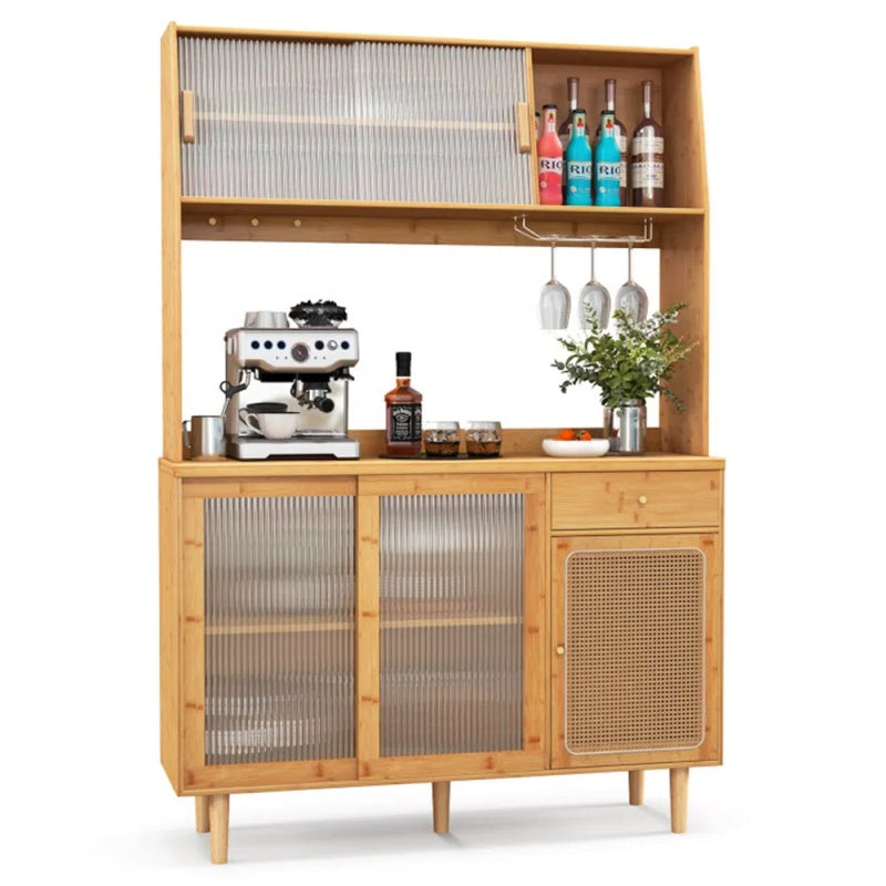69-Inch Bamboo Kitchen Cabinet With Tempered Glass Doors, Extra Storage Space & Anti-Tilting Design