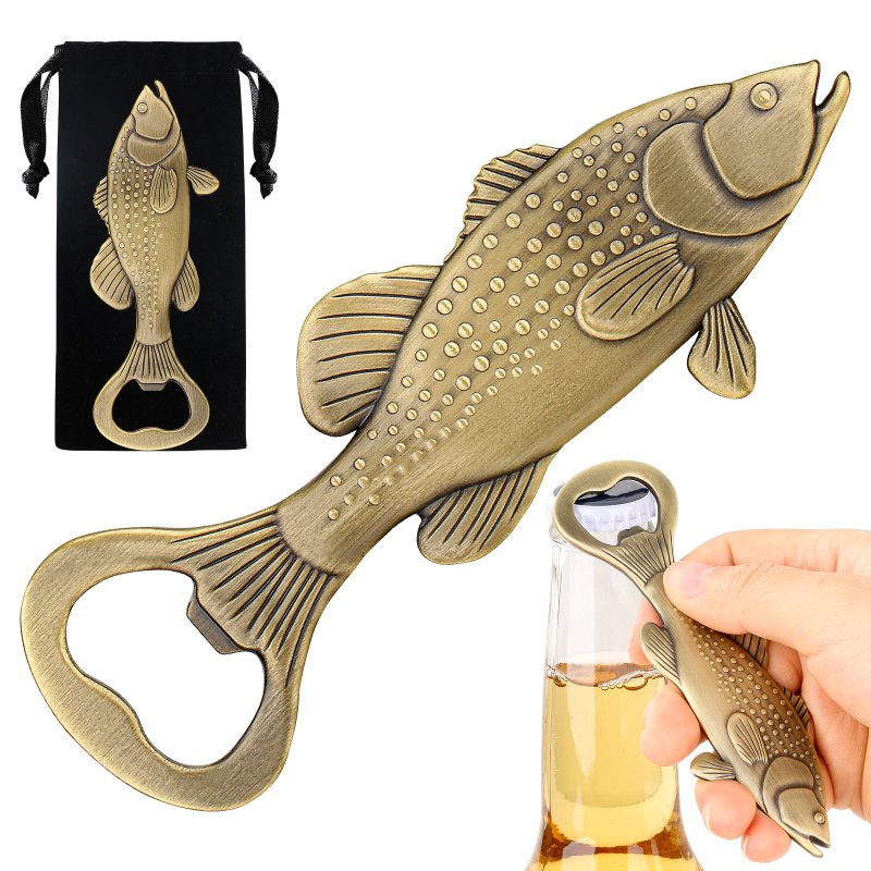 Creative Sea Bass Bottle Opener With Velvet Bag , Exclusive Gift For Fishing Enthusiasts, Bar Tool For Beer Enthusiasts, Ideal For Home And Bar U