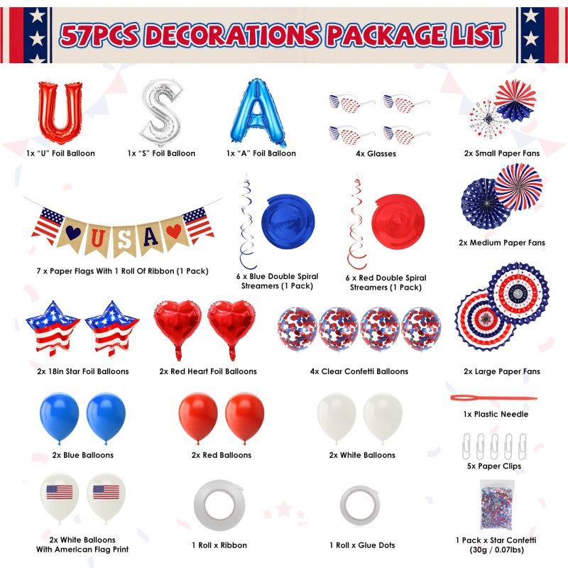 1Set 4th Of July Decorations Set,Patriotic Party Supplies With USA Foil Balloons Paper Fans Confetti Balloons Hanging Streamers Star Confetti Fla