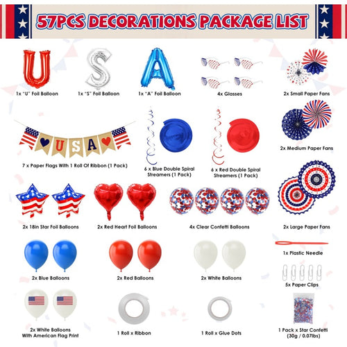 1Set 4th Of July Decorations Set,Patriotic Party Supplies With USA Foil Balloons Paper Fans Confetti Balloons Hanging Streamers Star Confetti Fla