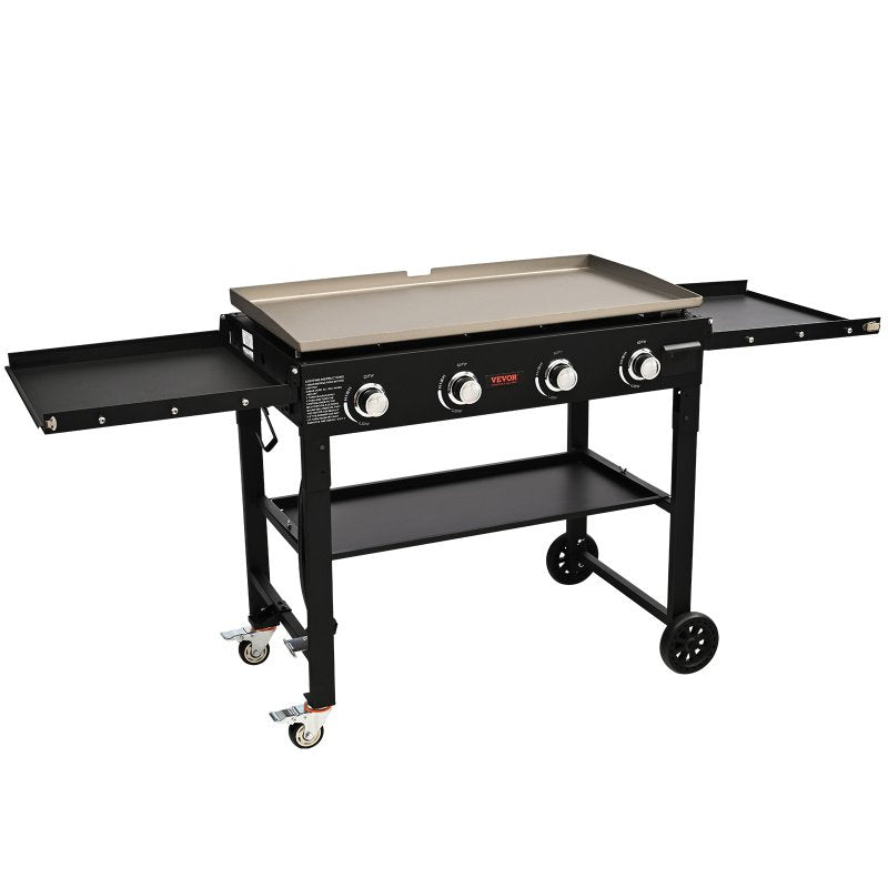 Commercial Griddle On Cart, 36' Heavy Duty Manual Flat Top Griddle, Outdoor Cooking Station With Side Shelves, Steel Natural Gas Griddle, 4-Burne