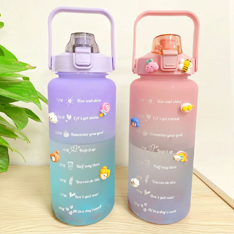 2L Large Capacity Water Bottle With Bounce Cover Time Scale Reminder Frosted Cup With Cute Stickers For Outdoor Sports Fitness