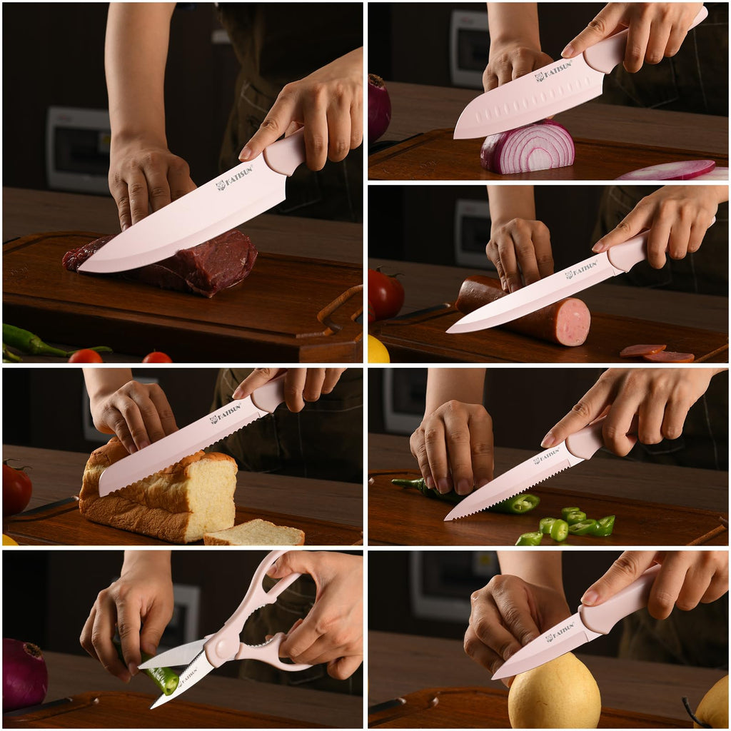 Kitchen Knife Set With Guards, 13 Piece Pink Non-Stick Boxed Knives Set, Anti-Rust And Dishwasher Safe, 6 Knives With 6 Blade Covers And Kitchen