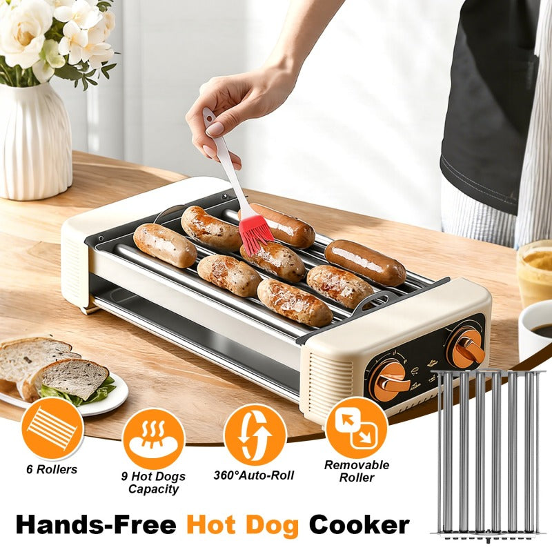 3 In 1 Electric Hot Dog Roller Machine With Grill & Griddle 6-Roller Hot Dog Cooker Smokeless Non-Stick Indoor Outdoor With 3 Temp Levels For BBQ