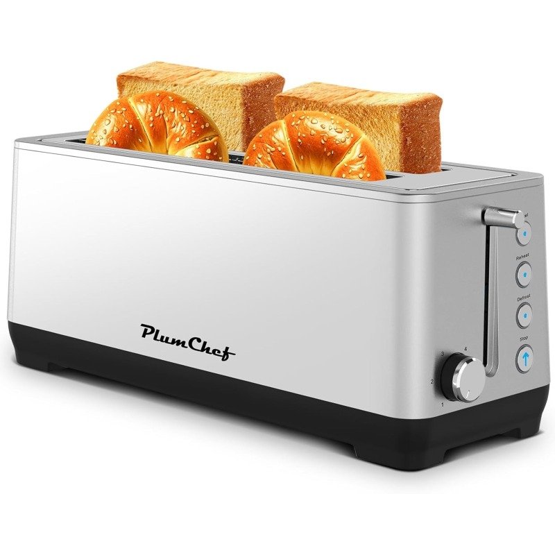 4-Slice Toaster, Extra Wide Long Slot Toaster, 6 Settings, Bagel, Defrost, Reheat, Removable Crumb Tray, Stainless Steel Housing, Silver, Amazon