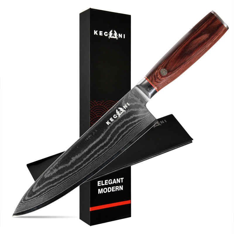 Kegani 8 Inch Damascus Chef Knife 67 Layers 10Cr15CoMoV Japanese Knife Hammered Texture Damascus Knife - FullTang Wood Handle Chefs Knife With Gi