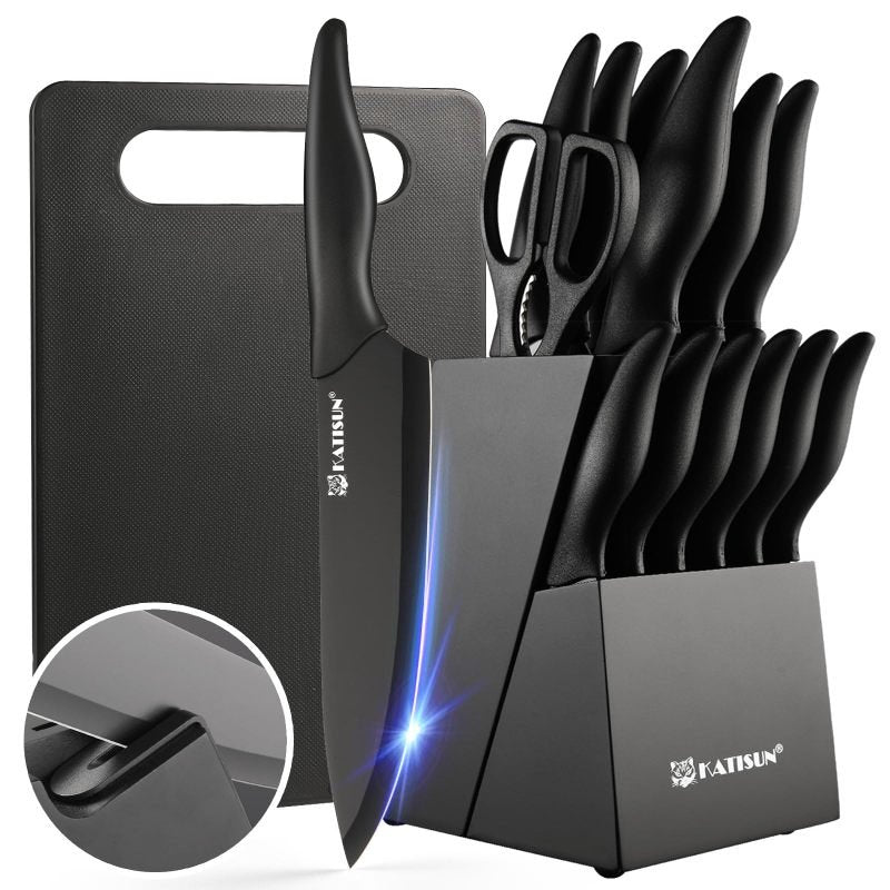 16 Pieces Kitchen Knife Block Set With Cutting Board, German Stainless Steel Knife Set With Sharpener, Dishwasher Safe, Anti-Slip Handle, 6 Steak