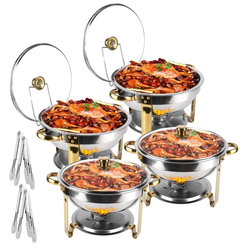 4Pcs Chafing Dish Buffet Set 4.76QT Round Buffet Servers Food Warmer Stainless Steel Catering Chafer With Glass Lid For Warming Cooling Gathering