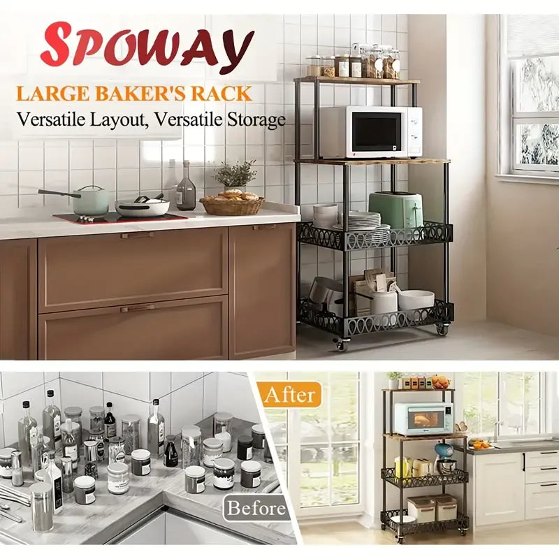 4 Tier Kitchen Baker Rack Coffee Bar Station Microwave Oven Stand Rustic Brown Storage Shelf for Spices Pots Pans Utility Organizer Freestanding