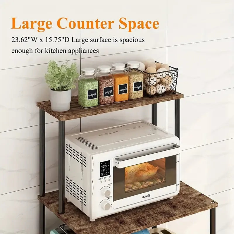 4 Tier Kitchen Baker Rack Coffee Bar Station Microwave Oven Stand Rustic Brown Storage Shelf for Spices Pots Pans Utility Organizer Freestanding