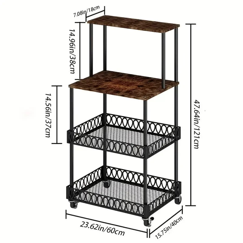 4 Tier Kitchen Baker Rack Coffee Bar Station Microwave Oven Stand Rustic Brown Storage Shelf for Spices Pots Pans Utility Organizer Freestanding